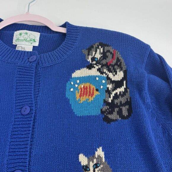Vtg Quacker Factory, A Cat Is A Cat Cardigan Knit Sweater M Button Bell - Picture 7 of 12